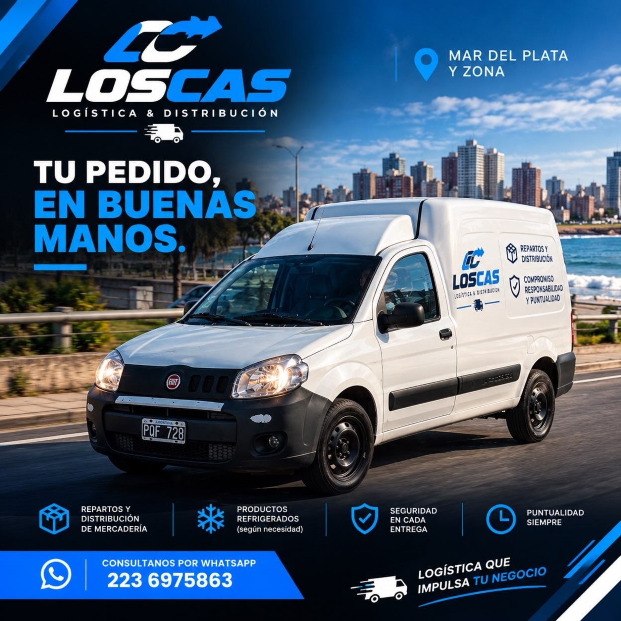 Placa de LOSCAS con los servicios de reparto y distribución y el WhatsApp 223 697 5863